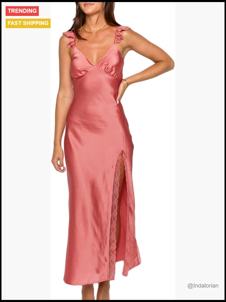 Satin Lace Backless Spaghetti Strap Maxi Dress Wedding Guest
